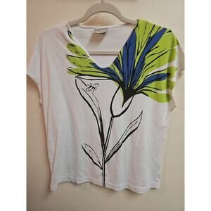 Company Collection White Tee With Modern Flower Cap Sleeve Size M
